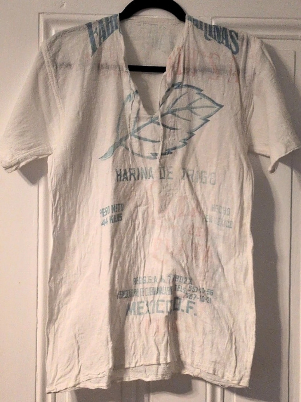 Vintage Mexican Feedsack Flour Sack White Short Sleeve Tunic Size Small